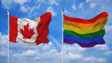 Kanada ve LGBT bayrakları gökyüzü arkaplanına karşı 3D render sallıyor