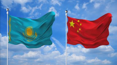 Kazakistan ve Çin bayrakları gökyüzü arka planında 3D render sallıyor