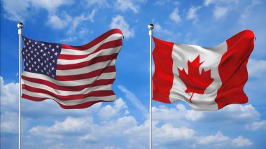 ABD ve Kanada bayrakları gökyüzü arkaplanında 3D render sallıyor