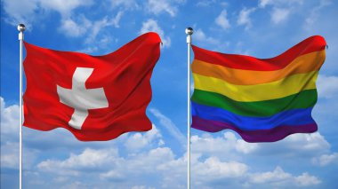 İsviçre ve LGBT bayrakları gökyüzü arkaplanına karşı 3D render sallıyor