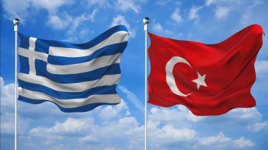 Yunanistan ve Türkiye 'nin bayrakları gökyüzü arkaplanına 3D render sallıyor