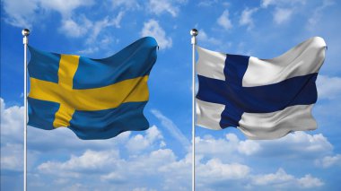 İsveç ve Finlandiya bayrakları gökyüzü arkaplanına karşı 3D render sallıyor