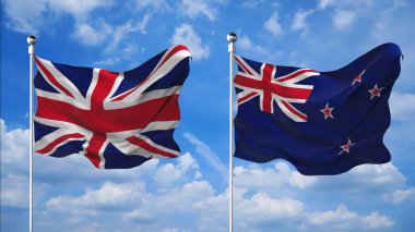 İngiltere ve Yeni Zelanda bayrakları gökyüzü arkaplanına karşı 3D render sallıyor