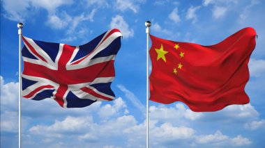 İngiltere ve Çin bayrakları gökyüzü arkaplanına karşı 3D render sallıyor