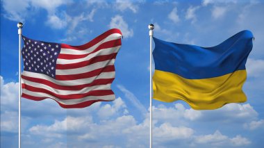 ABD ve Ukrayna bayrakları gökyüzü arkaplanına karşı 3D render sallıyor