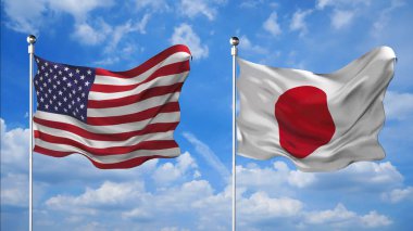 ABD ve Japonya 'nın bayrakları gökyüzü arkaplanında 3D render sallıyor