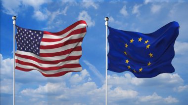 ABD ve AB bayrakları gökyüzü arkaplanına karşı 3D render