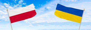 Polonya ve Ukrayna bayrakları gökyüzü zemininde dalgalanıyor