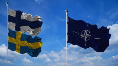 NATO, İsveç ve Finlandiya bayrakları gökyüzü arkaplanına karşı 3D render sallıyor