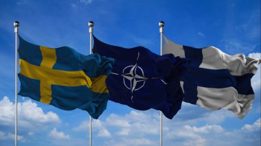 NATO, İsveç ve Finlandiya bayrakları gökyüzü arkaplanına karşı 3D render sallıyor