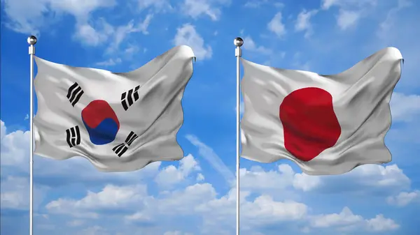 Güney Kore ve Japonya bayrakları gökyüzü arkaplanına karşı 3D render sallıyor