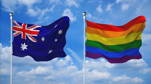 Avustralya ve LGBT bayrakları gökyüzü arkaplanına karşı 3D render sallıyor