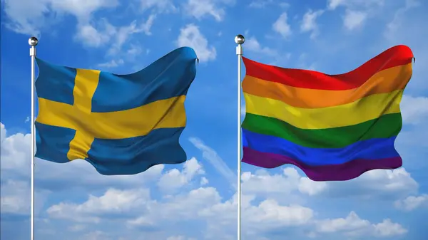 İsveç ve LGBT bayrakları gökyüzü arkaplanına karşı 3D render sallıyor