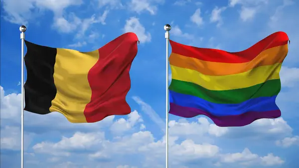 Belçika ve LGBT bayrakları gökyüzü arkaplanına karşı 3D render sallıyor