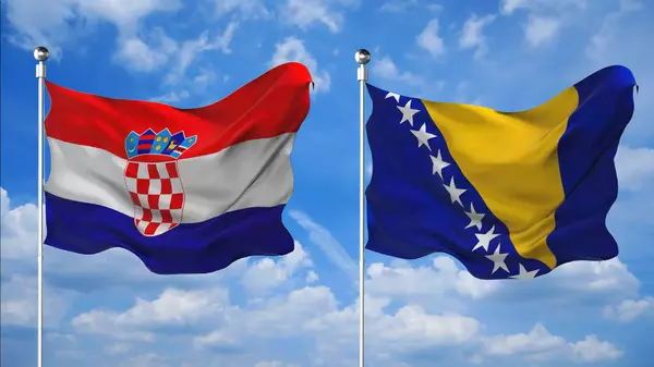 Hırvatistan ve Bosna bayrakları gökyüzü arkaplanına 3D render sallıyor