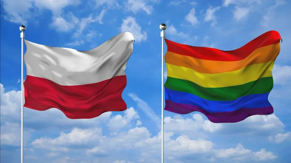 Polonya ve LGBT bayrakları gökyüzü arkaplanına karşı 3D render sallıyor