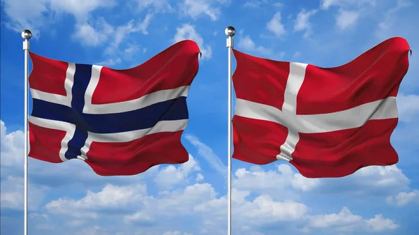 Norveç ve Danimarka bayrakları gökyüzü arkaplanına karşı 3D render sallıyor