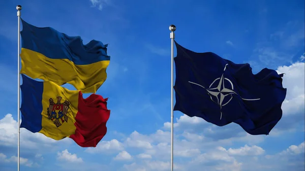 NATO, Ukrayna ve Moldova bayrakları gökyüzü arkaplanına 3D render sallıyor
