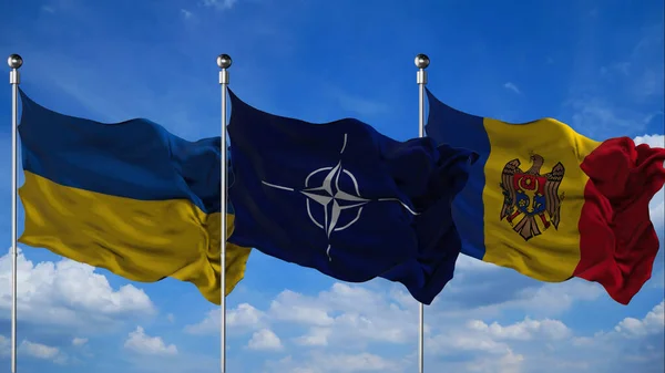 NATO, Ukrayna ve Moldova bayrakları gökyüzü arkaplanına 3D render sallıyor