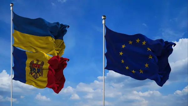 Avrupa Birliği, Ukrayna ve Moldova bayrakları gökyüzü arkaplanına 3D render, AB tekstil bayrağı