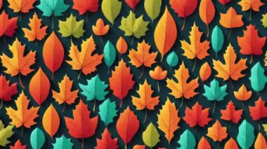 Hareket vektörü çizgi film animasyonunu durdur, farklı boyutlarda çok renkli sonbahar yaprakları olan arkaplan, soyut doğa arka planı