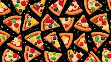 Hareket döngüsü çizgi film animasyonunu durdurun, pizza dilimleri ya da parçaları ile arka plan 