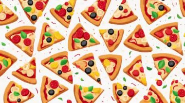 Hareket döngüsü çizgi film animasyonunu durdurun, pizza dilimleri ya da parçaları ile arka plan 
