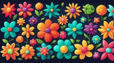 Hareket döngüsü çizgi film animasyonunu durdur, farklı boyutlarda çok renkli çiçekleri olan arkaplan, soyut etnik arkaplan