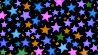 Hareket döngüsü çizgi film animasyonunu durdur, farklı boyutlarda çok renkli yıldızlı siyah arkaplan, soyut rüya gibi gece arkaplanı