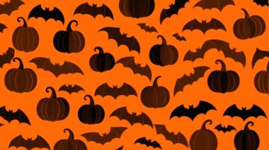 Stop-motion animasyonu, turuncu balkabakları ve farklı boyutlarda yarasaları olan koyu bir arka plan, Cadılar Bayramı için soyut ve korkunç çizgi film geçmişi.