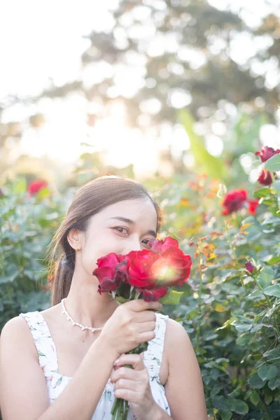 Junge Asiatin Weißem Kleid Posiert Mit Einer Rose Rosengarten Chiang — Stockfoto