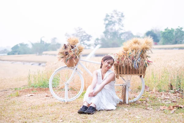 Beyaz Elbiseli Genç Asyalı Kadınlar Arpa Pirinç Tarlasında Altın Sarısı — Stok fotoğraf