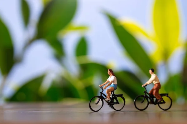 Pessoas Miniatura Com Bicicleta Fundo Verde Conceito Dia Bicicleta Mundial — Fotografia de Stock
