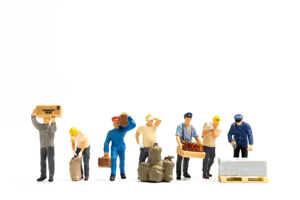 Miniature People Worker Team Standing White Background Copy Space Your — Stock Photo, Image
