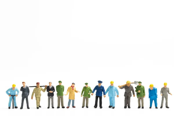 Miniature People Different Professions Standing White Background Copy Space Your — Stock Photo, Image