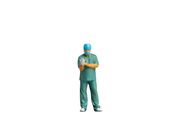 Miniature People Full Length Portrait Young Doctor Scrubs Isolated White — Stock Photo, Image