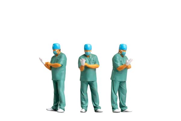 Miniature People Full Length Portrait Young Doctor Scrubs Απομονωμένο Λευκό — Φωτογραφία Αρχείου