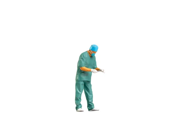 Miniature People Full Length Portrait Young Doctor Scrubs Απομονωμένο Λευκό — Φωτογραφία Αρχείου