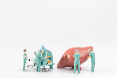 Minyatür insanlar, doktor ve hemşire sağlık ekibi beyaz arka planda acil serviste ameliyat yapıyorlar.