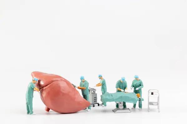 Miniatura Ludzi Lekarz Pielęgniarka Zespół Medyczny Wykonują Operację Chirurgiczną Ostrym — Zdjęcie stockowe