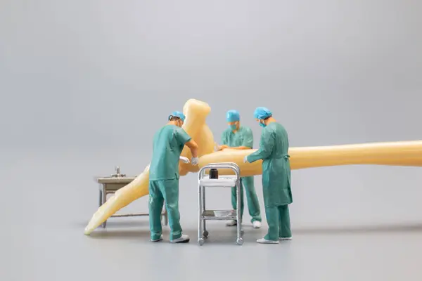 Miniatura Ludzi Model Anatomii Stawu Skokowego Człowieka Lekarzem Szarym Tle — Zdjęcie stockowe