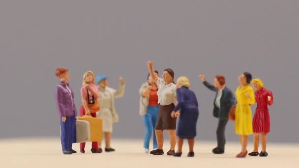 Miniature People Group Women Stand Together Gray Backdrop International Women Стокове Відео 