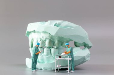 Minyatür insanlar, diş modellerini ve alçı ortodonti modellerini gösteren bir dişçi, diş protezi laboratuarı..