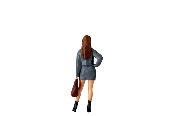 Miniatuur Mensen Zakelijk Vrouw Met Koffer Staande Geïsoleerd Witte Achtergrond — Stockfoto