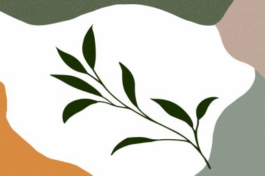 Sönük toprak renklerinin organik arka planına karşı yapraklı bir dalın yer aldığı soyut bir illüstrasyon