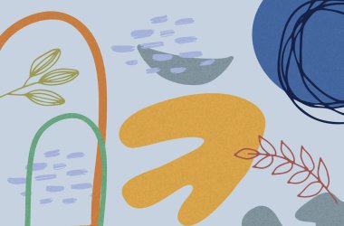  Yumuşak pastel renkler, kıvrımlı organik şekiller ve botanik elementlerden oluşan modern bir soyut kompozisyon..