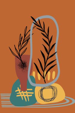 Cesur organik şekiller, botanik elementler ve canlı renklerden oluşan canlı ve soyut bir tasarım.