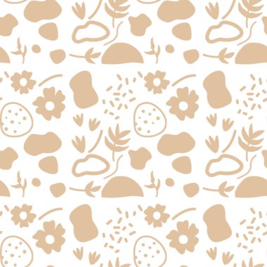 Dalgalar, bitkiler ve geometrik elementler de dahil olmak üzere bej organik şekiller içeren kusursuz soyut desen