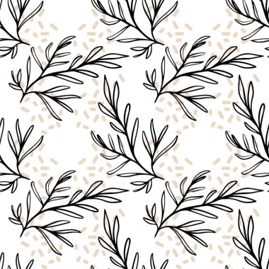 Beyaz arka planda zarif siyah yapraklı, ince bej noktalarla vurgulanmış kusursuz bir desen.