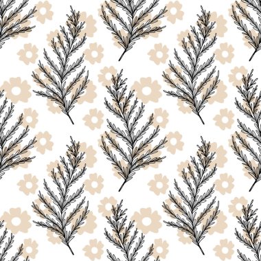 Beyaz arka planda zarif siyah yapraklı, ince bej noktalarla vurgulanmış kusursuz bir desen.